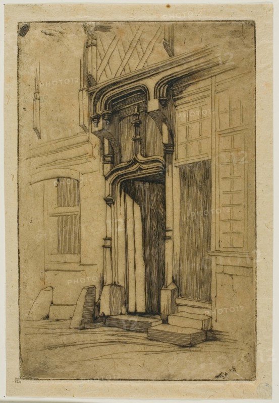 Doorway of an Ancient Convent, in the rue Mirabeau, Bourges, 1851, Charles Meryon, French, 1821-1868, France, Etching on tan wove paper, 168 × 111 mm (image), 168 × 111 mm (plate), 184 × 126 mm (sheet)