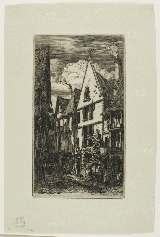 Rue des Toiles, Bourges, 1853, Charles Meryon, French, 1821-1868, France, Etching and drypoint on verdâtre (greenish) laid paper, 211 × 119 mm (image), 211 × 119 mm (plate), 296 × 197 mm (sheet)