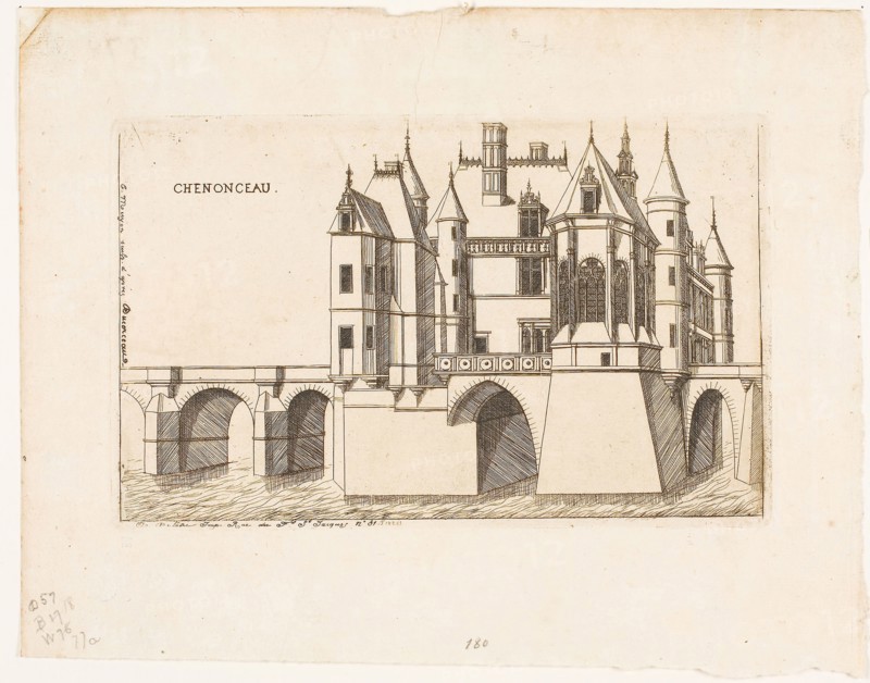 The Château of Chenonceau, no. 2, 1856, Charles Meryon (French, 1821-1868), after Jacques Androuet du Cerceau (French, c. 1515-1585), printed by Auguste Delâtre (French, 1822-1907), France, Etching on ivory laid paper, 114 × 185 mm (image), 117 × 187 mm (plate), 189 × 242 mm (sheet)