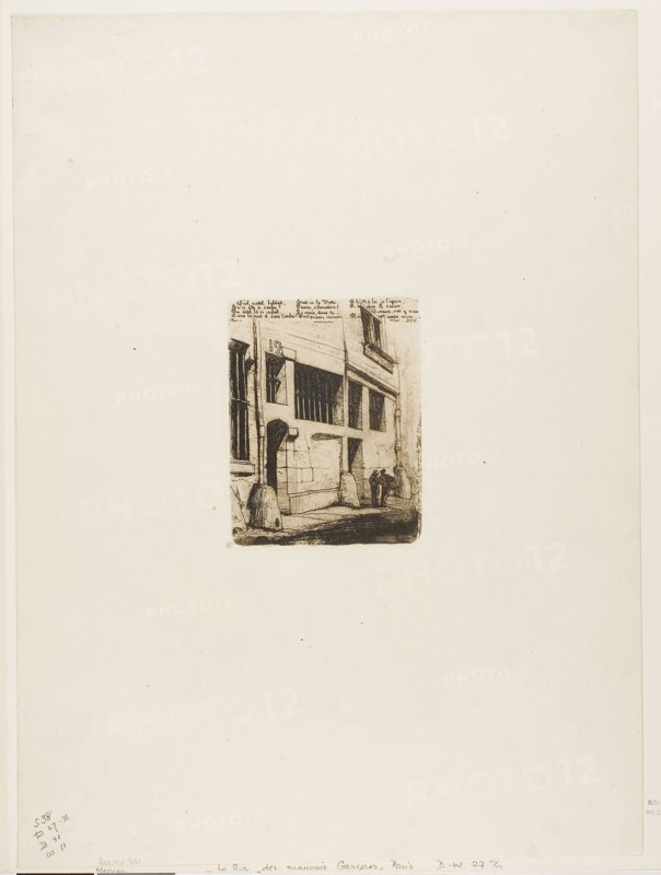 La rue des Mauvais Garçons, 1854, Charles Meryon, French, 1821-1868, France, Etching in warm black with roulette (plate is scraped and burnished) on cream laid paper, 127 × 98 mm (image), 127 × 98 mm (plate), 439 × 321 mm (sheet)