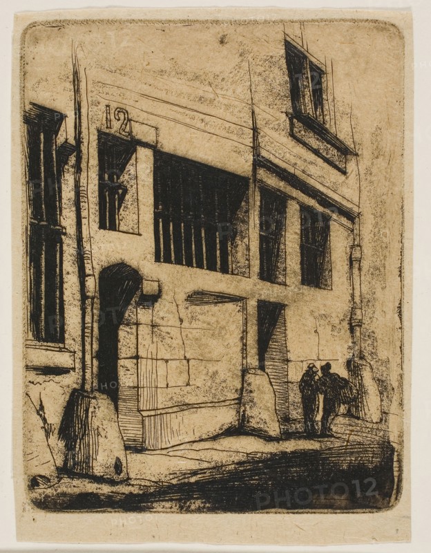 La rue des Mauvais Garçons, 1854, Charles Meryon, French, 1821-1868, France, Etching with roulette (plate is scraped and burnished) on tan wove paper, 126 × 98 mm (image), 126 × 98 mm (plate), 137 × 103 mm (sheet)