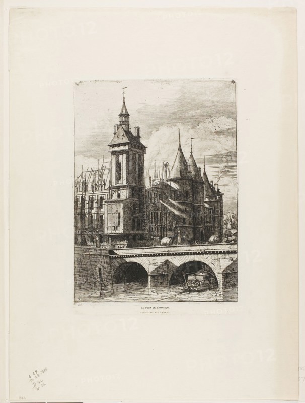 The Clock Tower, Paris, 1852, Charles Meryon (French, 1821-1868), printed by Auguste Delâtre (French, 1822-1907), France, Etching, engraving and drypoint (plate has been scraped and burnished) on ivory wove chine, laid down on ivory laid paper, 262 × 186 mm (image, including stray marks), 263 × 186 mm (plate), 250 × 183 mm (primary support), 437 × 323 mm (secondary support)