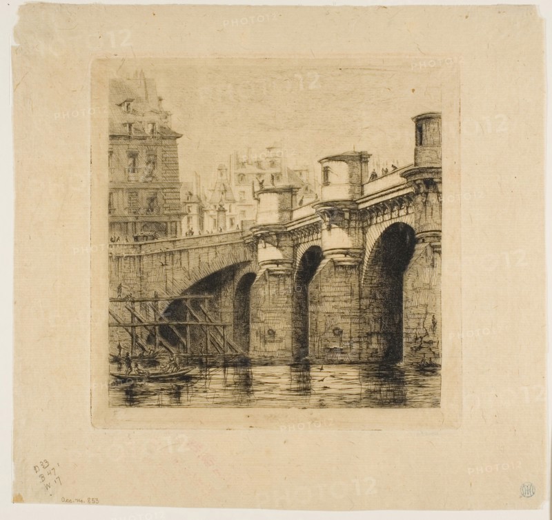 Pont-Neuf, Paris, 1853, Charles Meryon, French, 1821-1868, France, Etching on tan laid chine, 183 × 182 mm (image), 183 × 182 mm (plate), 248 × 263 mm (sheet)