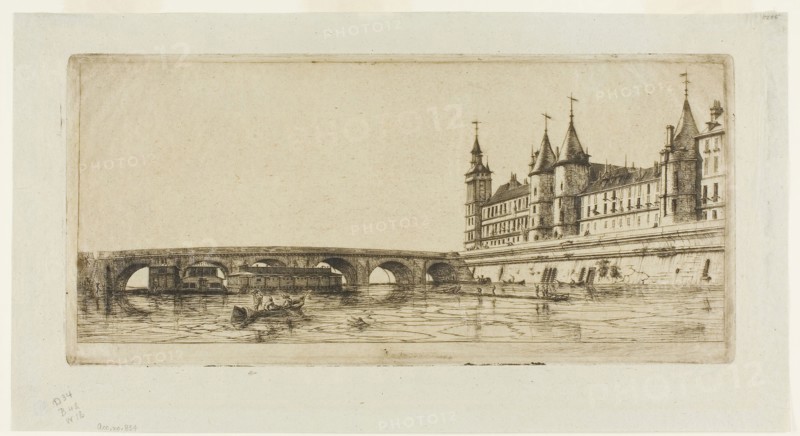 Pont-au-Change, Paris, 1854, Charles Meryon, French, 1821-1868, France, Etching on verdâtre (greenish-ivory) laid chine, 154 × 330 mm (image), 154 × 330 mm (plate), 207 × 384 mm (sheet)