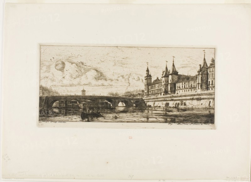 Pont-au-Change, Paris, 1854, Charles Meryon, French, 1821-1868, France, Etching and drypoint on ivory laid paper, 157 × 334 mm (image), 157 × 334 mm (plate), 325 × 458 mm (sheet)