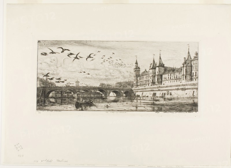 Pont-au-Change, Paris, 1854, Charles Meryon, French, 1821-1868, France, Etching on ivory chine, laid down on ivory laid paper, 150 × 324 mm (image, including stray marks), 157 × 332 mm (plate), 142 × 326 mm (primary support), 323 × 451 mm (secondary support)