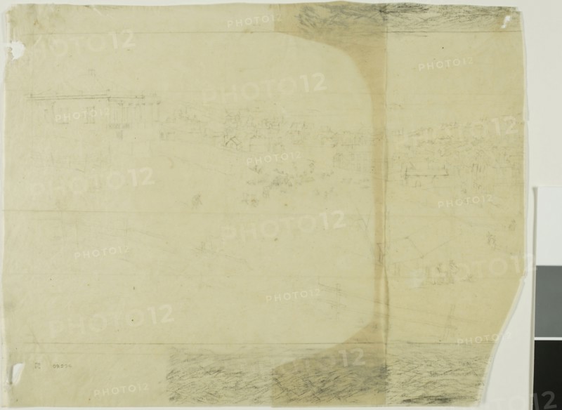 Study for San Francisco, far left section, 1855–56, Charles Meryon, French, 1821-1868, France, Graphite on tan wove tracing paper, 227 × 293 mm