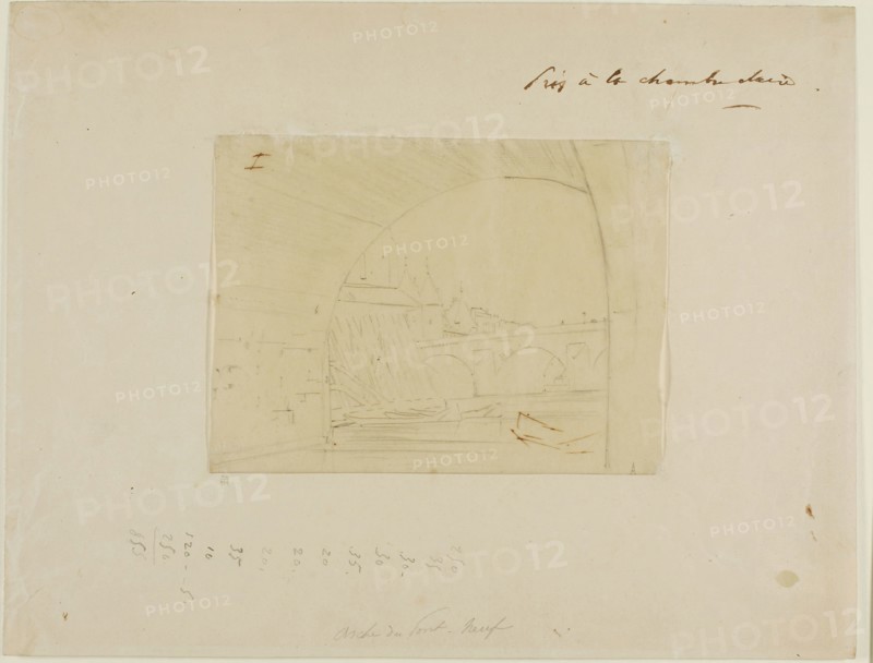 Study for an arch of Pont Notre-Dame, Paris, 1853, Charles Meryon, French, 1821-1868, France, Graphite, with touches of pen and brown ink on cream wove tracing paper (discolored to tan), tipped onto buff wove paper, 126 × 170 mm
