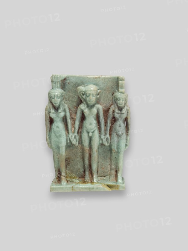 Amulet of Nephthys, Horus the Child, and Isis, Late Period, Dynasty 26 (664–525 BC), Egyptian, Egypt, Faience, 4.1 × 3 × 1.4 cm (1 5/8 × 1 1/8 × 9/16 in.)