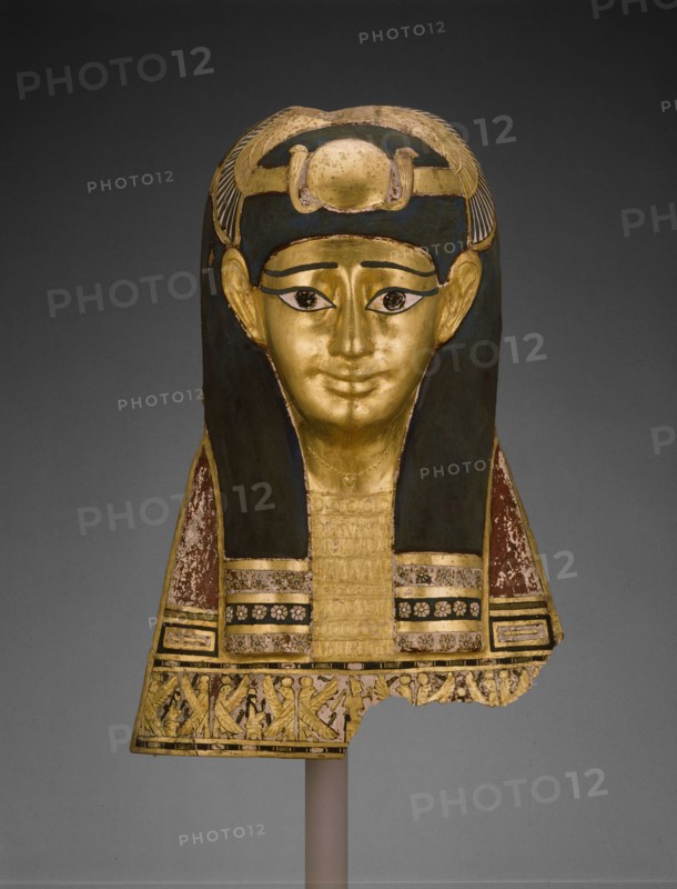 Mummy Mask, Late Ptolemaic Period-early Roman Period, 1st century BC, Egyptian, Egypt, Cartonnage, gold leaf, pigment, 44.5 × 30.5 × 29.8 cm (17 1/2 × 12 × 11 3/4 in.)