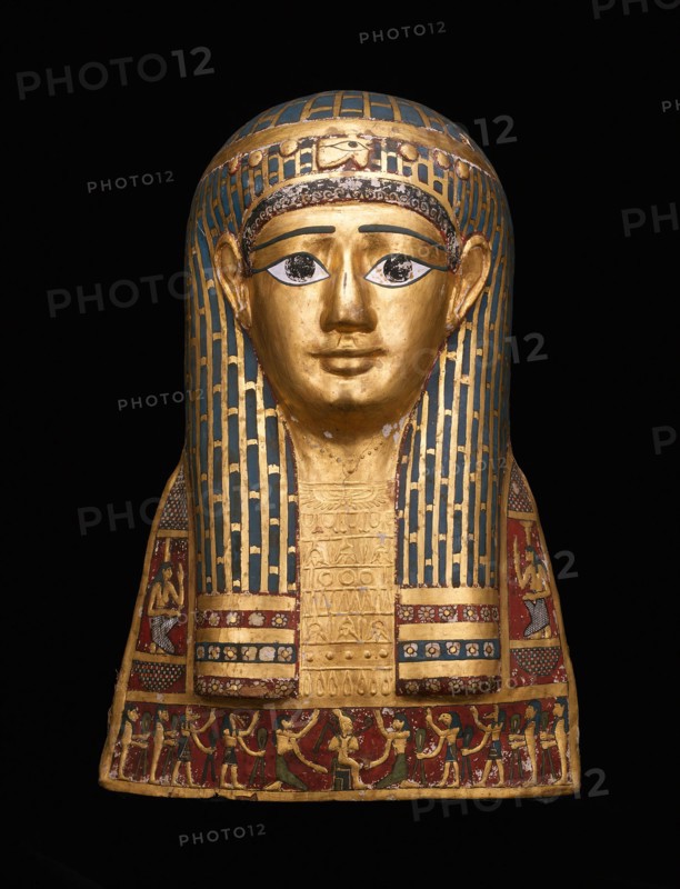 Mummy Mask, Late Ptolemaic Period-early Roman Period, 1st century BC, Egyptian, Egypt, Cartonnage, gold leaf, and pigment, 46 × 33.3 × 28 cm (18 1/8 × 13 1/8 × 11 in.)