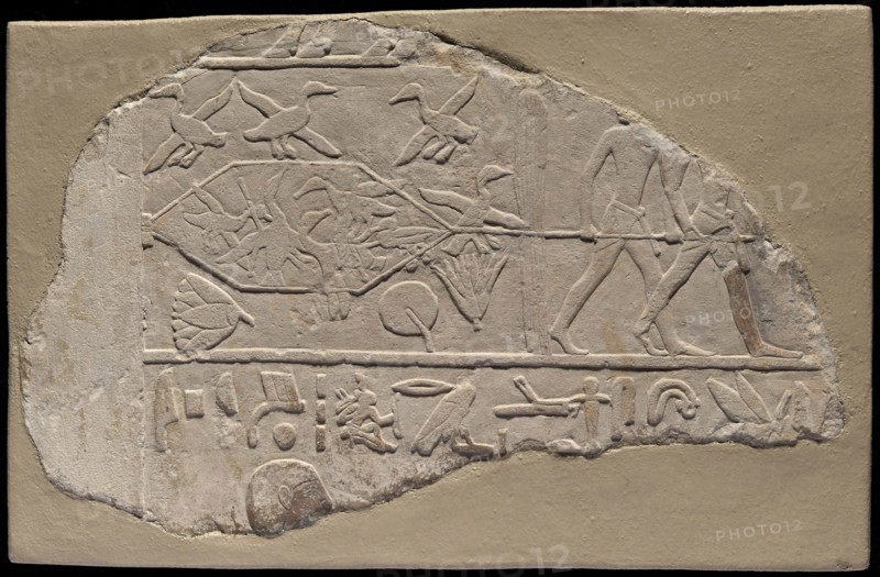 Fragment of a Stela Depicting Fowling in the Marshes, First Intermediate Period, Dynasty 10 (about 2186–2061 BC), Egyptian, Saqqara, Sakkara, Limestone with traces of pigment, 20.3 × 35.5 × 7.5 cm (8 × 14 × 3 in.)