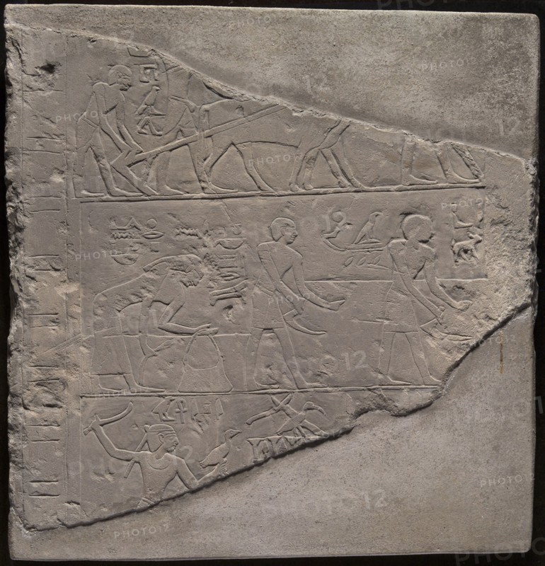 Fragment of a Stela Depicting Plowing, Harvesting, and Fowling, First Intermediate Period, Dynasty 10 (2075–2035 BC), Egyptian, Egypt, Limestone, 35.6 × 33 × 10.2 cm (14 × 13 × 4 in.)