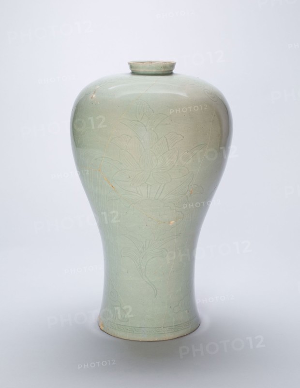 Baluster-Shaped Vase with Lotus Flowers, Goryeo dynasty (918–1392), late 12th/early 13th century, Korea, Korea, Celadon-glazed stoneware with underglaze incised decoration, H. 34.9 cm (13 3/4 in.), diam. 21.2 cm (8 3/8 in.)