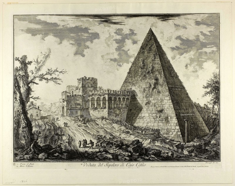View of the Pyramidal Tomb of Cestius, from Views of Rome, 1750/59, Giovanni Battista Piranesi, Italian, 1720-1778, Italy, Etching on heavy ivory laid paper, 386 x 538 mm (image), 408 x 542 mm (plate), 473 x 597 mm (sheet)