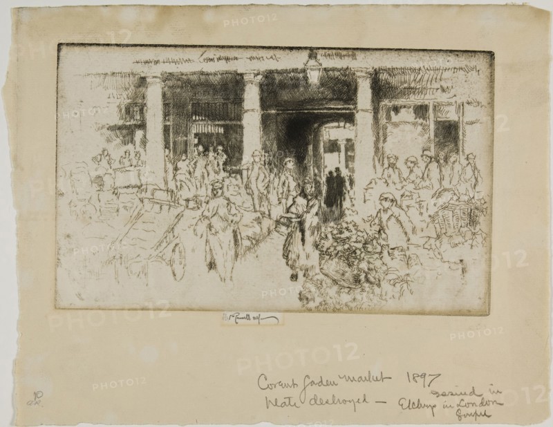 Covent Garden, 1887, Joseph Pennell, American, 1857-1926, United States, Etching on ivory laid paper, 124 x 214 mm (image), 195 x 250 mm ( sheet)