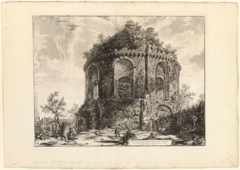 View of the So-Called Tempio della Tosse (Temple of the Cough) on the Via Tiburtina a mile from Tivoli, from Views of Rome, 1763, Giovanni Battista Piranesi, Italian, 1720-1778, Italy, Etching on heavy ivory laid paper, 440 x 577 mm (image), 445 x 584 mm (plate), 560 x 790 mm (sheet), Two Groups of Figures in a Landscape, n.d., after Giovanni Francesco Barbieri, called Guercino, Italian, 1591-1666, Italy, Pen and brown ink, with brush and brown wash, over traces of black chalk, on ivory laid paper, tipped onto ivory laid paper, 175 x 280 mm