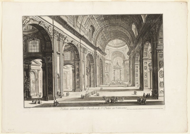 Interior view of St. Peter’s Basilica in the Vatican, from Views of Rome, 1748, Giovanni Battista Piranesi, Italian, 1720-1778, Italy, Etching on heavy ivory laid paper, 386 x 593 mm (image), 408 x 597 mm (plate), 556 x 784 mm (sheet)