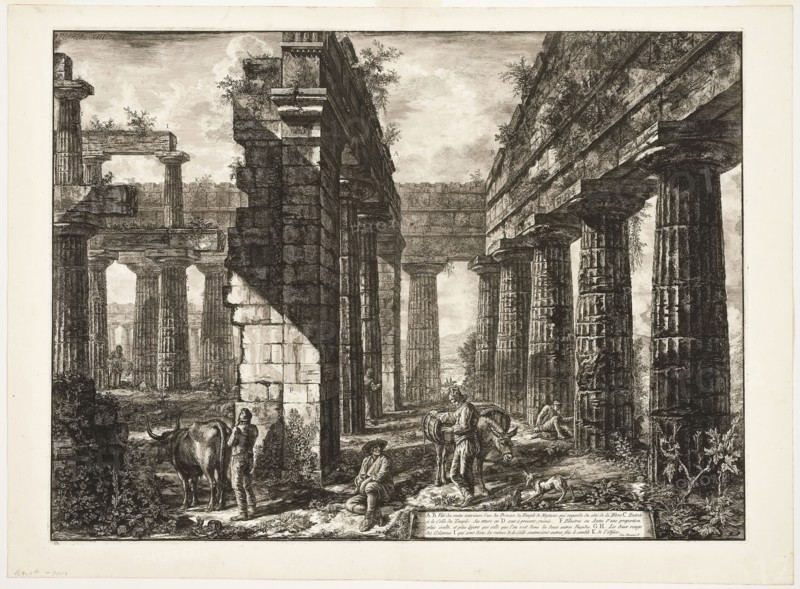 Interior view of the remains of one of the pronaoi of the Temple of Neptune which faces inland, from Different views of Paestum, 1778, Giovanni Battista Piranesi, Italian, 1720-1778, Italy, Etching on ivory laid paper, 495 x 675 mm (image), 504 x 682 mm (plate), 563 x 763 mm (sheet)