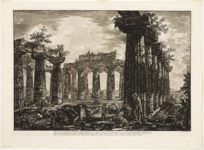 Interior view of the so-called College des Anfictions, from Different views of Paestum, 1778, Giovanni Battista Piranesi, Italian, 1720-1778, Italy, Etching on ivory laid paper, 456 x 674 mm (image), 482 x 682 mm (plate), 563 x 765 mm (sheet)