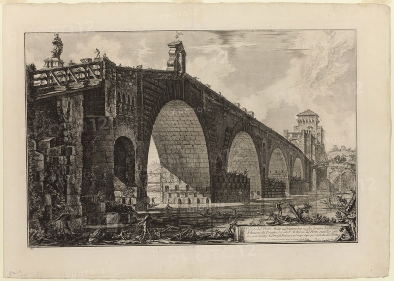 View of the Ponte Molle [or Milvian Bridge] over the Tiber two miles outside Rome, from Views of Rome, 1762, Giovanni Battista Piranesi, Italian, 1720-1778, Italy, Etching on heavy ivory laid paper, 437 x 675 mm (image), 440 x 677 mm (plate), 562 x 788 mm (sheet)