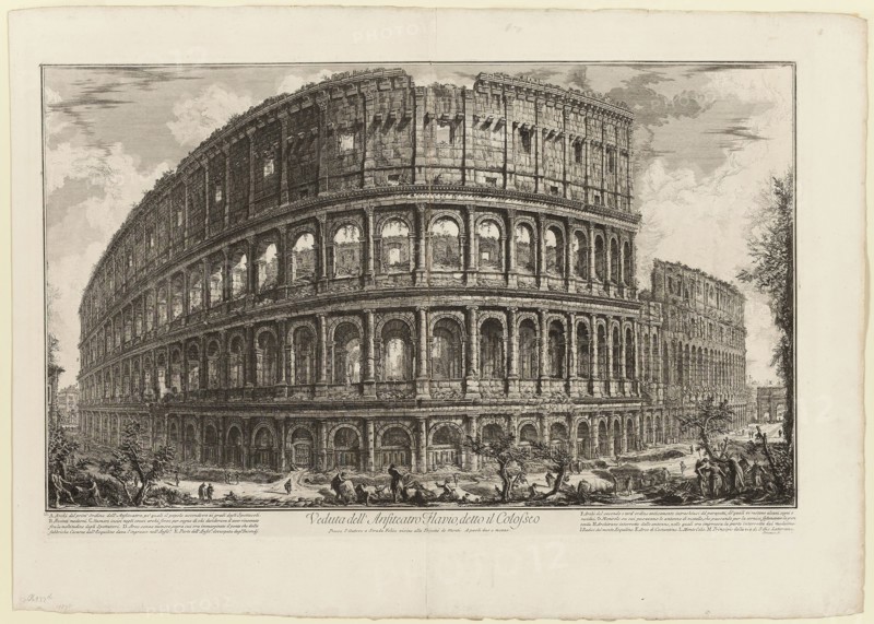 View of the Flavian Amphitheater, called the Colosseum, from Views of Rome, 1750/59, Giovanni Battista Piranesi, Italian, 1720-1778, Italy, Etching on heavy ivory laid paper, 414 x 697 mm (image), 441 x 702 mm (plate), 561 x 790 mm (sheet)