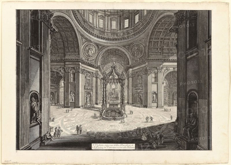 Interior view of the Basilica of St. Peter’s in the Vatican, near the Tribune, from Views of Rome, 1773, Giovanni Battista Piranesi, Italian, 1720-1778, Italy, Etching on heavy ivory laid paper, 485 x 673 mm (image), 490 x 679 mm (plate), 560 x 784 mm (sheet)