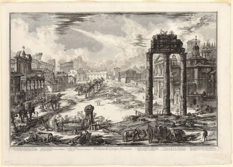 View of the Campo Vaccino, from Views of Rome, 1772, Giovanni Battista Piranesi, Italian, 1720-1778, Italy, Etching on heavy ivory laid paper, 460 × 710 mm (image), 480 × 715 mm (plate), 560 × 785 mm (sheet)