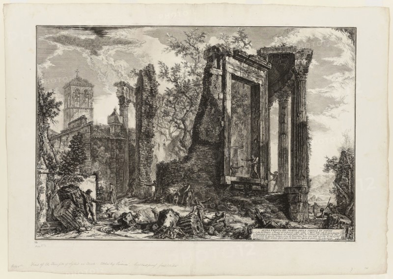 Another view of the Temple of the Sibyl at Tivoli, from Views of Rome, 1761, published 1800–07, Giovanni Battista Piranesi (Italian, 1720-1778), published by Francesco (Italian, 1758-1810) and Pietro Piranesi (Italian, born 1758/9), Italy, Etching on heavy ivory laid paper, 442 x 660 mm (image), 448 x 665 mm (plate), 558 x 794 mm (sheet)