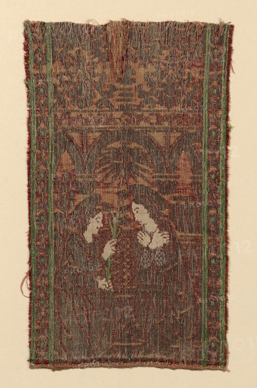 Fragment from an Orphrey, 15th century, Italy, Silk, linen, and gold gilt strip intergrated compound weave of warp-floatfaced satin weave and weft-float faced twill weave, 18 x 30 cm (7 1/8 x 11 7/8 in.)