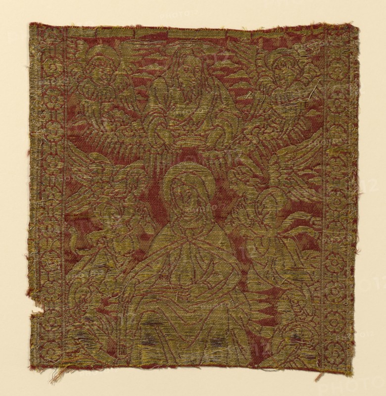 Fragment (From an Orphrey Band), 15th century, Italy, Florence, Florence, Silk and gold gilt strip wound around linen fiber core, integrated compound-weave of warp-float faced satin weave and twill weave with supplementary patterning wefts, 24.7 × 23.1 cm (9 3/4 × 9 1/8 in.)