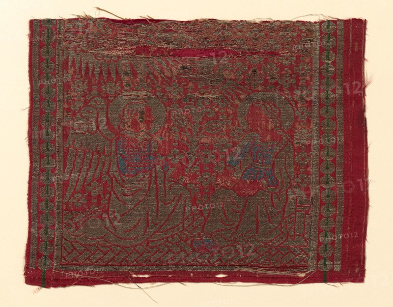 Fragment (From an Orphrey Band), 1450/1500, Italy, Florence, Florence, Silk and gilt-animal-substrate-wrapped linen, warp-float faced satin weave with supplementary patterning wefts and supplementary brocading wefts tied by secondary binding warps in twill interlacings, 21 × 26.7 cm (8 1/4 × 10 1/2 in.)