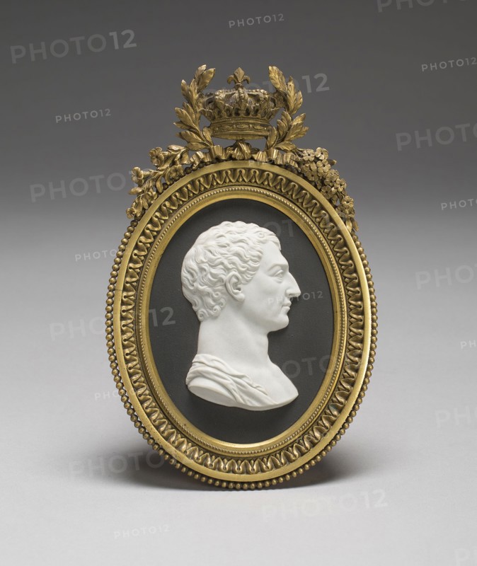 George Washington, c. 1790, Wedgwood Manufactory, England, founded 1759, After a medal designed by François-Marie Arouet, known as Voltaire, French, 1694-1778, Etruria, Staffordshire, England, Burslem, Stoneware (jasperware), gilt metal frame, 18.4 × 12.1 cm (7 1/4 × 4 3/4 in.)