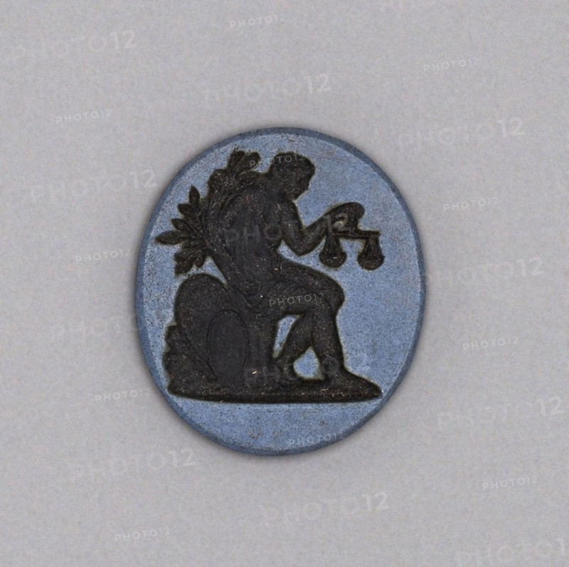 Intaglio with Figure of Justice, Late 18th century, Wedgwood Manufactory, England, founded 1759, Burslem, Stoneware (jasperware), 2.2 × 1.9 × 0.6 cm (7/8 × 3/4 × 1/4 in.)