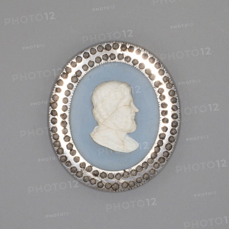 Medallion with Aristippus, Late 18th century, Wedgwood Manufactory, England, founded 1759, Burslem, Stoneware (jasperware), 7.1 × 6.2 × 1.27 cm (2 13/16 × 2 7/16 × 1/2 in.)
