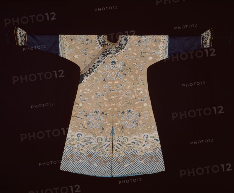 Man’s Jifu (Semiformal Court Robe), Qing dynasty (1644–1911), 1750/75, Manchu, China, Silk and gold-leaf-over-lacquered-paper-strip-wrapped silk, slit tapestry weave with interlaced outlining wefts, painted details, cuffs trimmed with gilt-metal-strip-wrapped linen couched with silk, sleeves, neck trim, and cuff edging: silk, warp-float faced 7:1 satin weave, neck edging, cuff trim, and closures: silk and gold-leaf-over-lacquered-paper-strip-wrapped silk, warp-float faced 7:1 satin weave with plain interlacings of secondary binding warps and supplementary patterning wefts, trimmed with braid of gold-leaf-over-lacquered-paper-strip-wrapped silk, 1:1 oblique interlacing with triple elements, lined with silk, 4:1 satin damask weave, cuffs lined with silk, warp-float faced 7:1 satin weave, metal buttons, 149 × 211 cm (58 5/8 × 83 in.)
