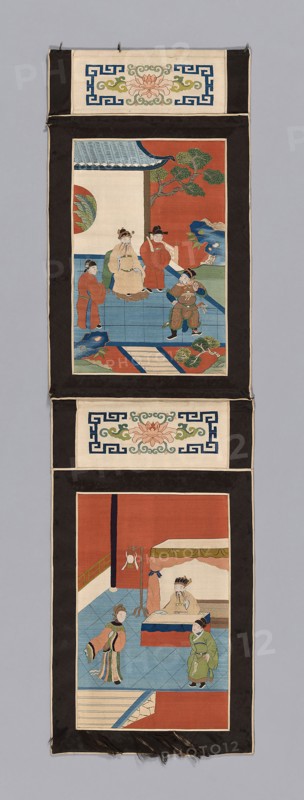Panel (For a Screen), Qing dynasty (1644–1911), 1875/1900, China, Panels: Silk, gold-leaf-over-lacquered-paper-wrapped silk, slit tapestry weave with extended weft and interlaced outlining wefts, painted, borders: silk and cotton, warp-float faced 5:1 satin weave, inner and outer edges: silk, warp-float faced 4:1 satin weave, lining: cotton, plain weave, 92.7 × 26.8 cm (36 1/2 × 10 1/2 in.)