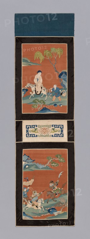 Panel (For a Screen), Qing dynasty (1644–1911), 1875/1900, China, Panels: Silk, gold-leaf-over-lacquered-paper-wrapped silk, slit tapestry weave with extended weft and interlaced outlining wefts, painted, borders: silk and cotton, warp-float faced 5:1 satin weave, inner and outer edges: silk, warp-float faced 4:1 satin weave, lining: cotton, plain weave, 95.6 × 26.7 cm (37 5/8 × 10 1/2 in.)