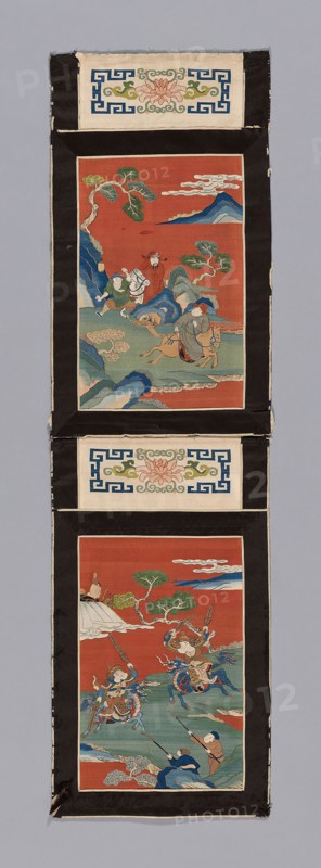Panel (For a Screen), Qing dynasty (1644–1911), 1875/1900, China, Panels: Silk, gold-leaf-over-lacquered-paper-wrapped silk, slit tapestry weave with extended weft and interlaced outlining wefts, painted, borders: silk and cotton, warp-float faced 5:1 satin weave, inner and outer edges: silk, warp-float faced 4:1 satin weave, lining: cotton, plain weave, 93 × 26.7 cm (36 5/8 × 10 1/2 in.)