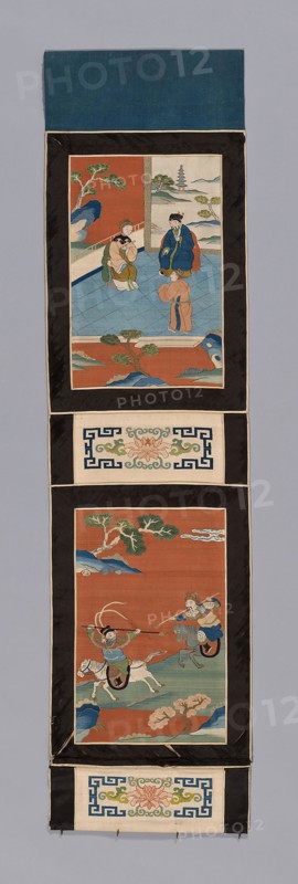 Panel (For a Screen), Qing dynasty (1644–1911), 1875/1900, China, Silk, gold-leaf-over-lacquered-paper-wrapped silk, slit tapestry weave with extended weft and interlaced outlining wefts, painted, borders: silk and cotton, warp-float faced 5:1 satin weave, inner and outer edges: silk, warp-float faced 4:1 satin weave, lining: cotton, plain weave, 103.8 × 26.7 cm (40 7/8 × 10 1/2 in.)