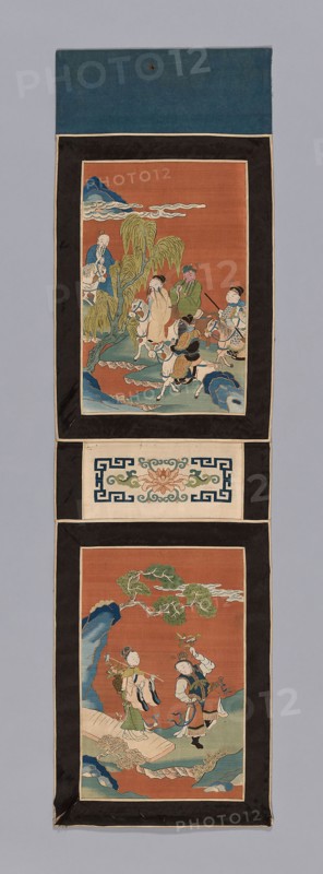 Panel (For a Screen), Qing dynasty (1644–1911), 1875/1900, China, Panel: Silk, gold-leaf-over-lacquered-paper-wrapped silk, slit tapestry weave with extended weft and interlaced outlining wefts, painted, borders: silk and cotton, warp-float faced 5:1 satin weave, inner and outer edges: silk, warp-float faced 4:1 satin weave, lining: cotton, plain weave, 95.8 × 26.7 cm (37 3/4 × 10 1/2 in.)