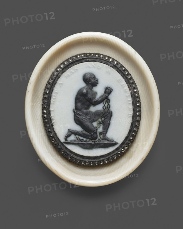 Anti-Slavery Medallion, 1787, Wedgwood Manufactory, England, founded 1759, Modeled by William Hackwood, English, c. 1753–1836, Etruria, Staffordshire, England, Burslem, Stoneware (jasperware and black basalt), cut steel, and ivory, 5.2 × 4.1 × 0.64 cm (2 1/16 × 1 5/8 × 1/4 in.)