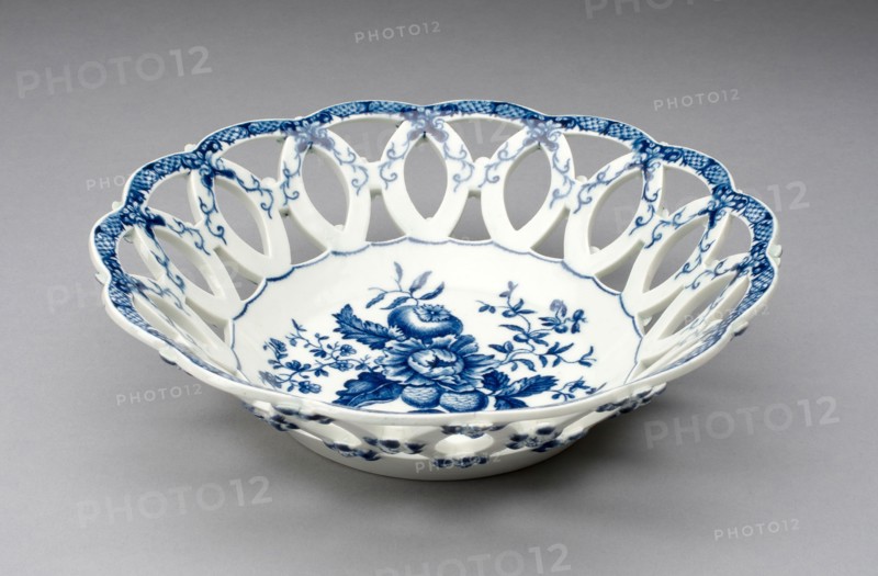 Basket, c. 1770, Worcester Porcelain Factory, Worcester, England, founded 1751, Worcester, Soft-paste porcelain with underglaze blue decoration, H. 5.8 cm (2 1/4 in.), diam. 21.3 cm (8 3/8 in.), Fragment, c. 1840, England, 63.5 × 38.7 cm (25 × 15 1/4 in.)