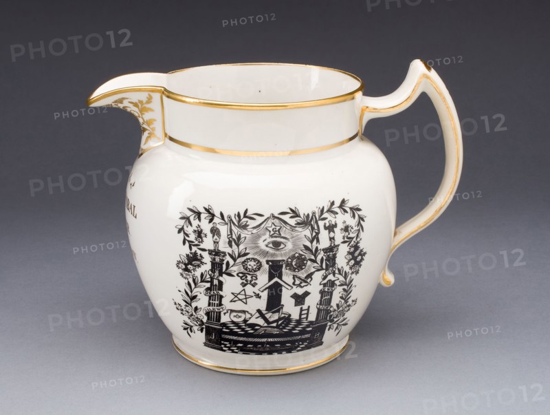 Jug with Masonic Iconography, 1824, Manufacturer: Spode Pottery & Porcelain Factory, English, founded 1776, Stoke on Trent, Earthenware with transfer-printed decoration and gilding, 15.2 x 13.3 cm (6 x 5 1/4 in.)