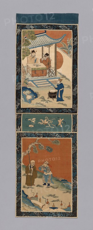 Panel (For a Screen), Qing dynasty (1644–1911), 1875/1900, China, Silk and gold-leaf-over-lacquered-paper-strip-wrapped silk, slit tapestry weaves, painted details, border: silk, warp-float faced 7:1 satin weave with supplementary patterning wefts, inner and outer edges: silk, warp-float faced 4:1 satin weave, lined with linen, plain weave, 83.8 × 25.7 cm (33 × 10 1/8 in.)