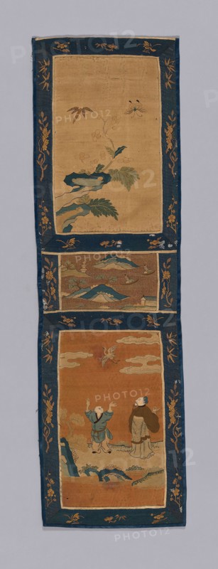 Panel (For a Screen), Qing dynasty (1644–1911), 1875/1900, China, Panels: Silk, gold-leaf-over-lacquered-paper-strip-wrapped silk, slit tapestry weave, painted, border: silk, gold-leaf-over-lacquered-paper-strip-wrapped silk, slit tapestry weave, inner edging: silk, 4:1 warp-float faced satin weave, outer edging: silk, 7:1 warp-float faced satin weave, lined: cotton, plain weave, 78.7 × 23.4 (31 × 9 1/4 in.)