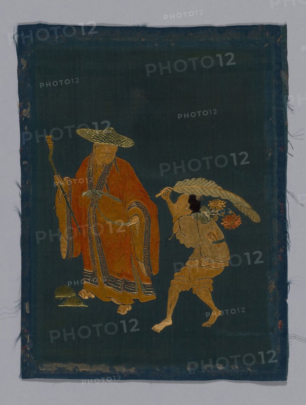 Panel (Furnishing Fabric), Kangxi Period, Qing dynasty (1644–1911), 1800/50, China, One of four panels. Of dark green satin embroidered in colored silks. Has two panels of figures and one of flowers. Border of modern red cloth with design of fret in couched gold cord., 25.7 × 19.4 cm (10 1/8 × 7 5/8 in.)