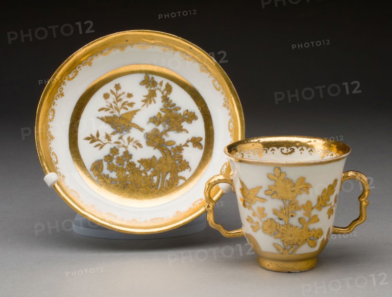 Two-handled Cup and Saucer, 1720/25, Meissen Porcelain Manufactory, German, founded 1710, Meissen, Hard-paste porcelain and gilding, Cup: H. 7 cm ( 2 3/4 in.) diam. 10.2 cm (4 in.), Saucer: H. 2.5 cm (1 in.), diam. 12.9 cm (5 1/16 in.)
