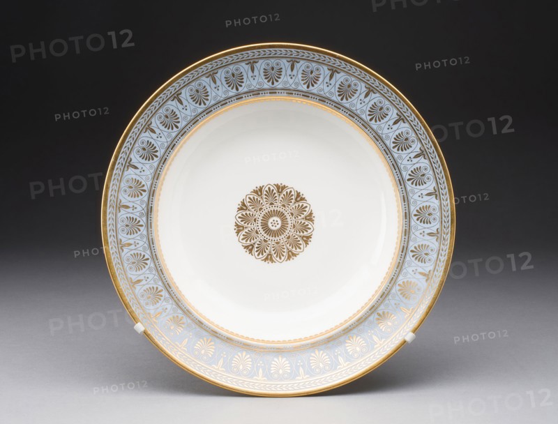 Plate, 1839, Sèvres Porcelain Manufactory, French, founded 1740, Sèvres, Hard-paste porcelain with light blue border and gilded decoration, 4.5 x 24.5 cm (1 3/4 x 9 5/8 in.)