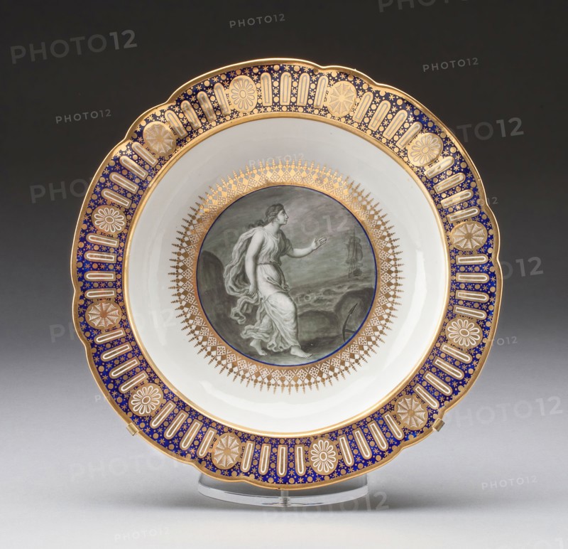 Soup Plate from the Hope Service Made for the Duke of Clarence, c. 1792, Worcester Porcelain Factory (Flight Period), Worcester, England, founded 1751, Worcester, Soft-paste porcelain with blue enamel, monochrome gray, and gilding, Diam. 25.1 cm (9 7/8 in.)